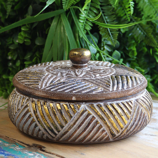 Round Wooden Gold & Natural Trinket Jewellery Box