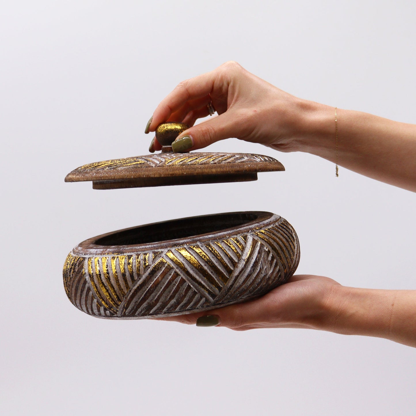 Round Wooden Gold & Natural Trinket Jewellery Box