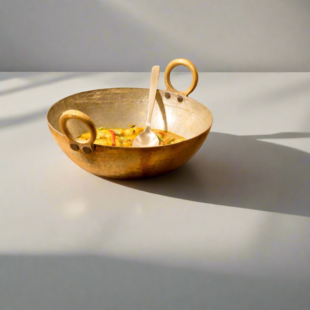 Handcrafted Brass Kadhai with Round Base - Traditional Indian Cookware