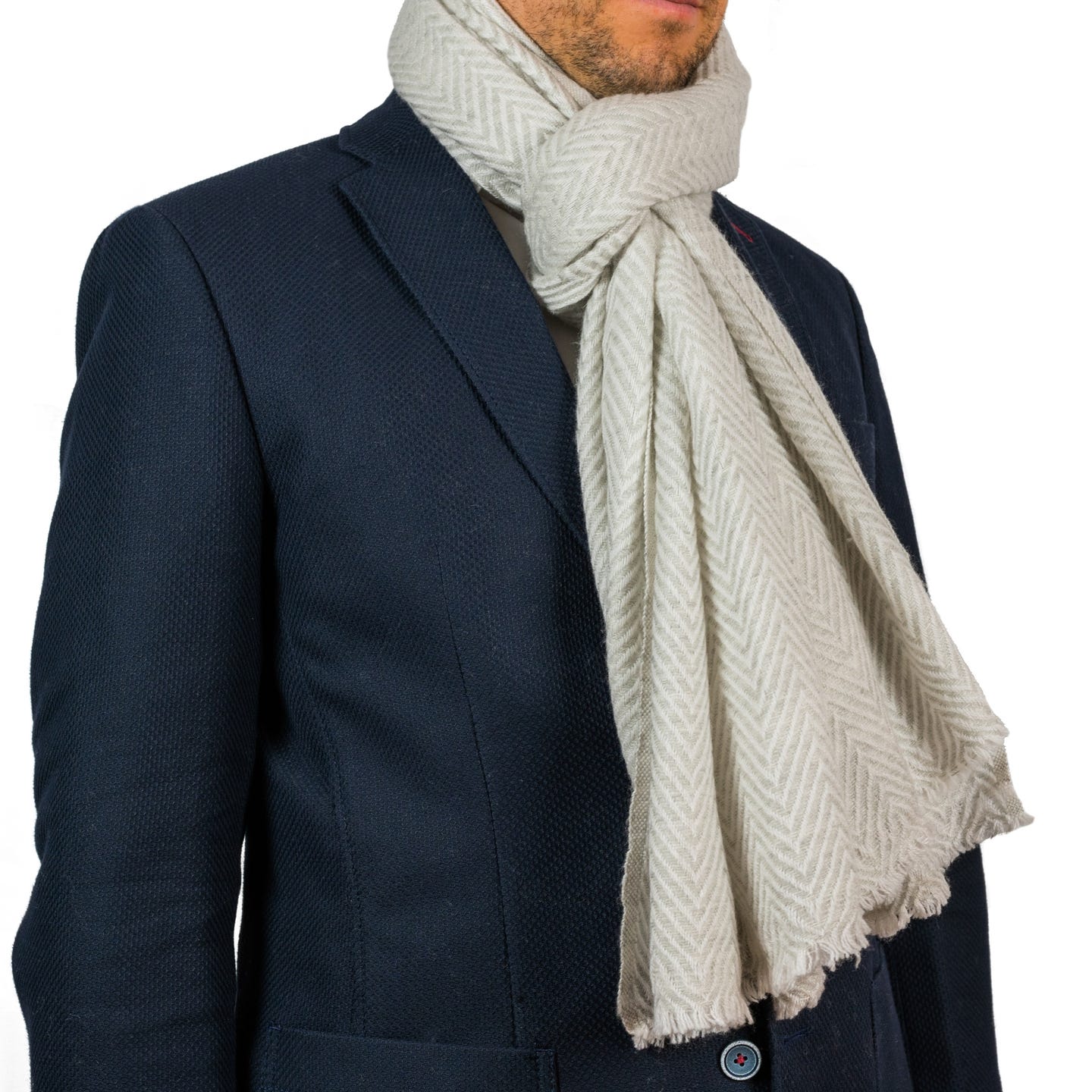 Kaschmirschal weiss mit mittelgroßem Fischgrätenmuster