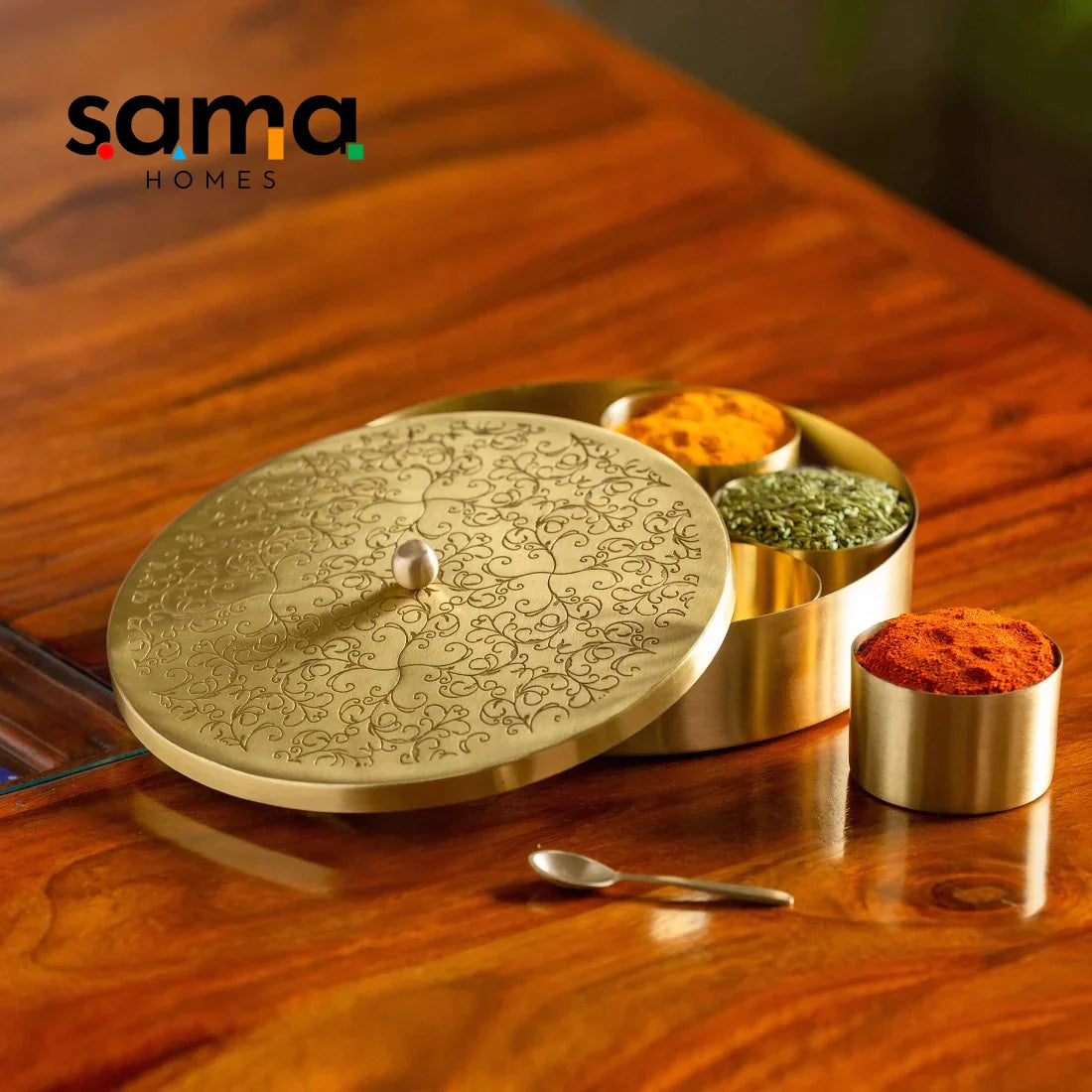 Handcrafted Brass Masala Box Set for Kitchen with Spoon  (7