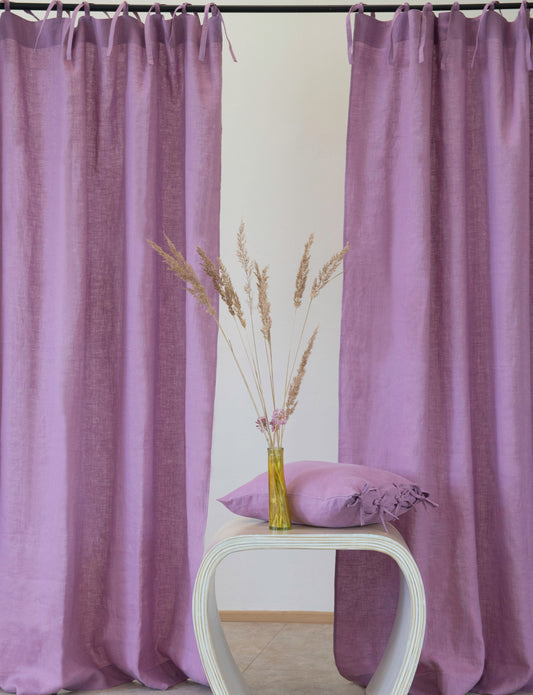 Deep Rose linen curtain with tie tops