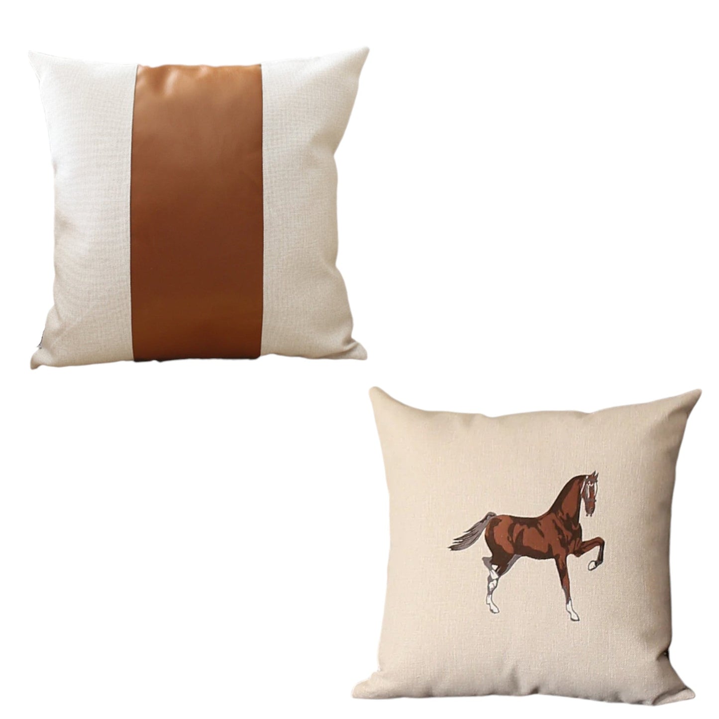 Set of Two Beige and Brown Horse Color Block Fabric and Faux Leather