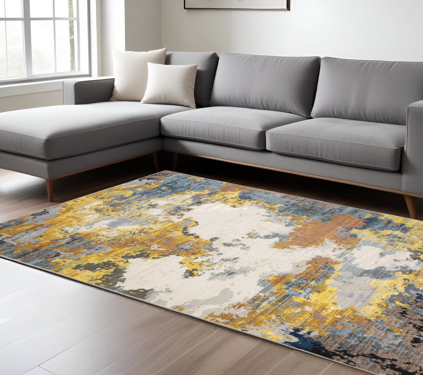 8' X 11' Yellow And Blue Abstract Area Rug
