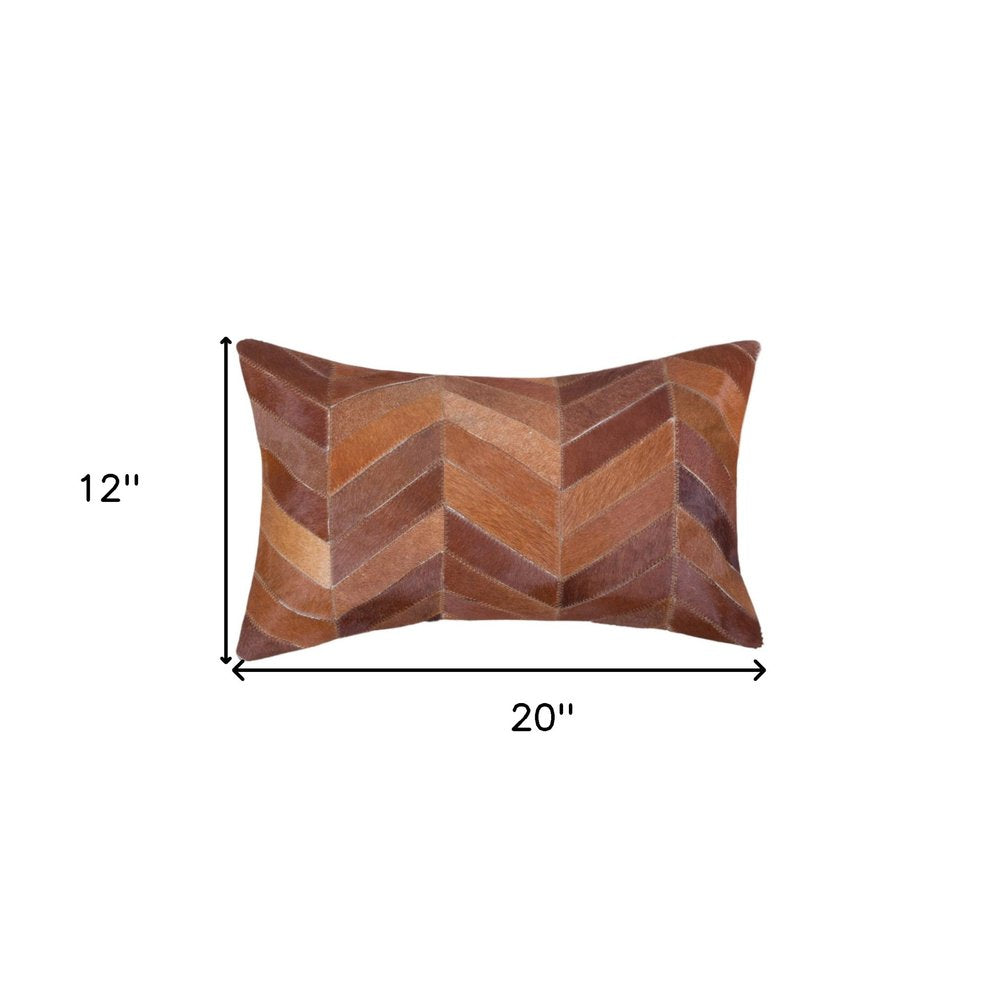 Set of Two 12" X 20" Tan Chevron Cowhide Lumbar Throw Pillows