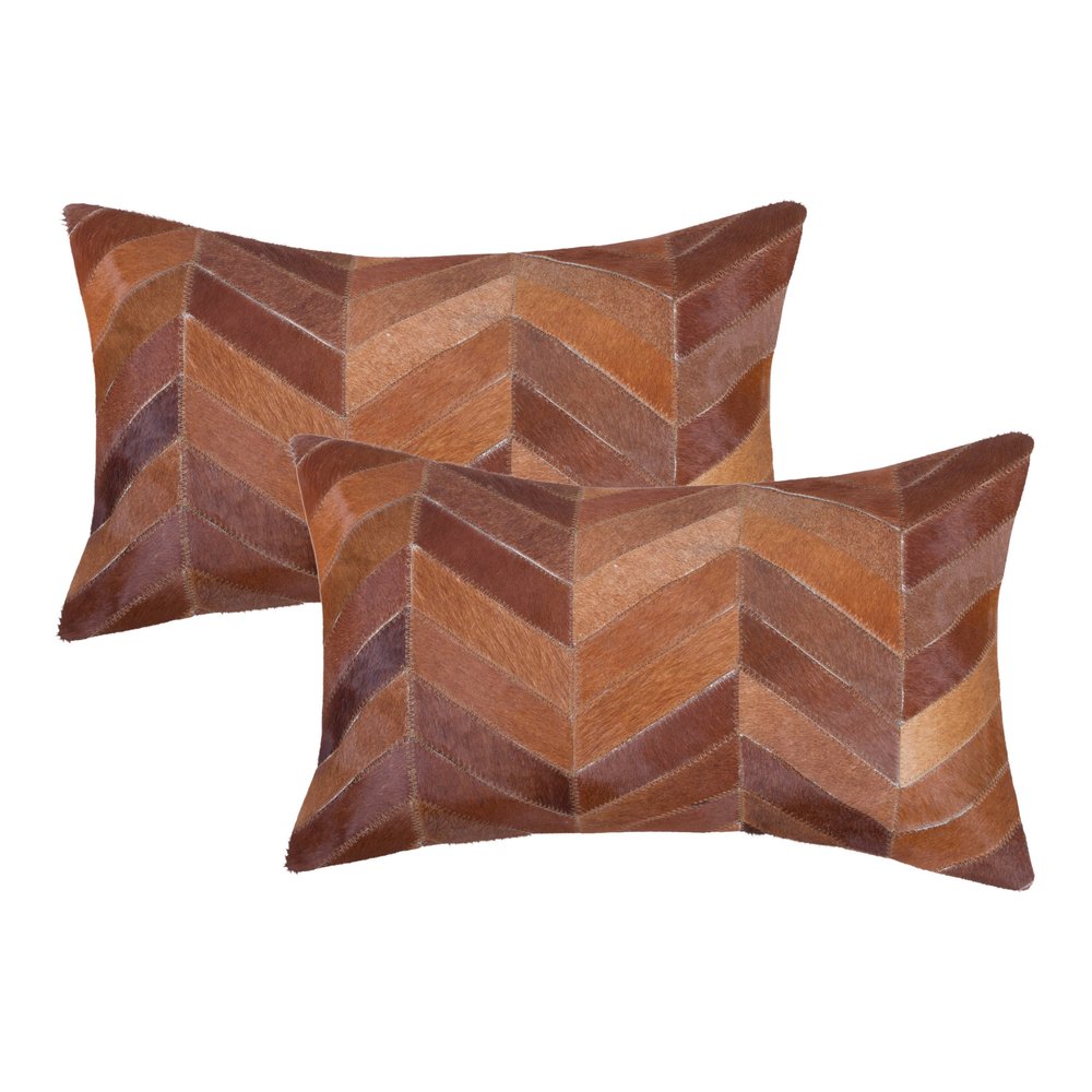 Set of Two 12" X 20" Tan Chevron Cowhide Lumbar Throw Pillows