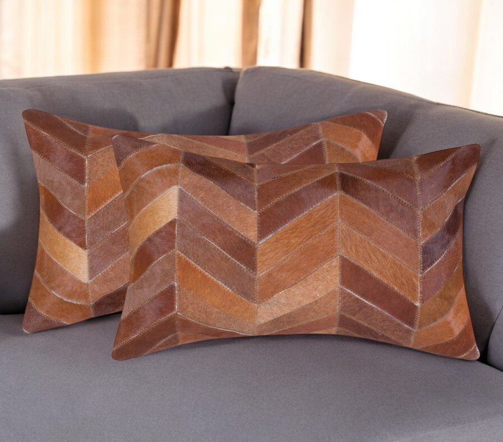 Set of Two 12" X 20" Tan Chevron Cowhide Lumbar Throw Pillows