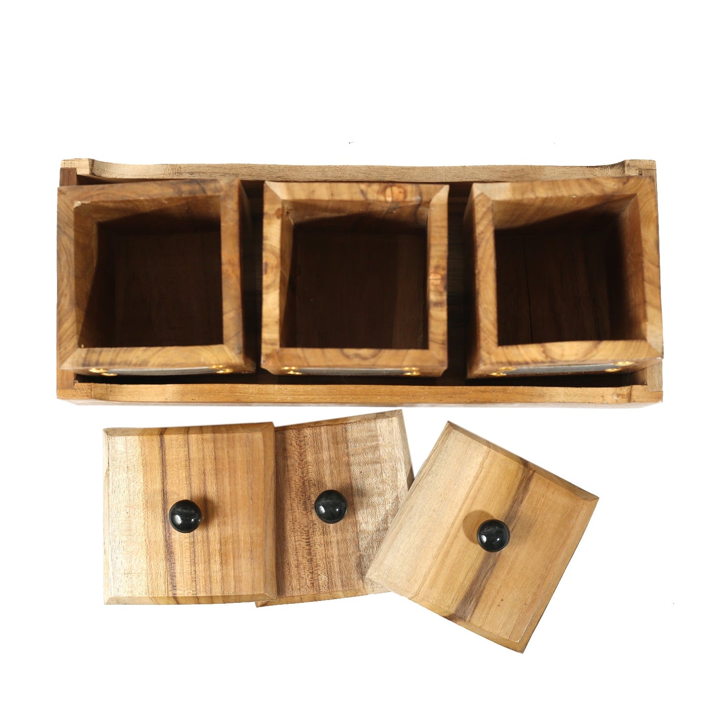 Teak Wood Antique Look Tea Coffee Sugar 3 Container Set with Lids in