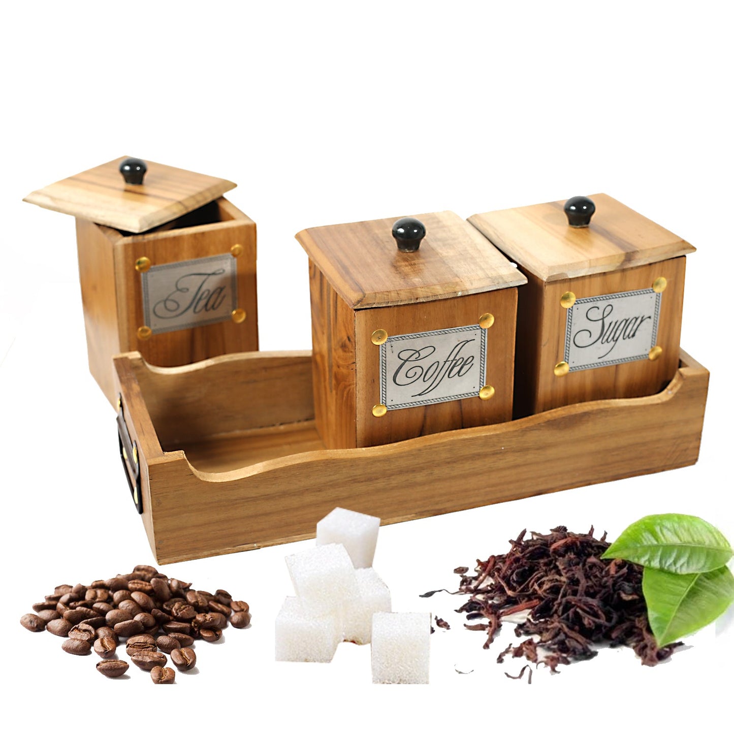 Teak Wood Antique Look Tea Coffee Sugar 3 Container Set with Lids in