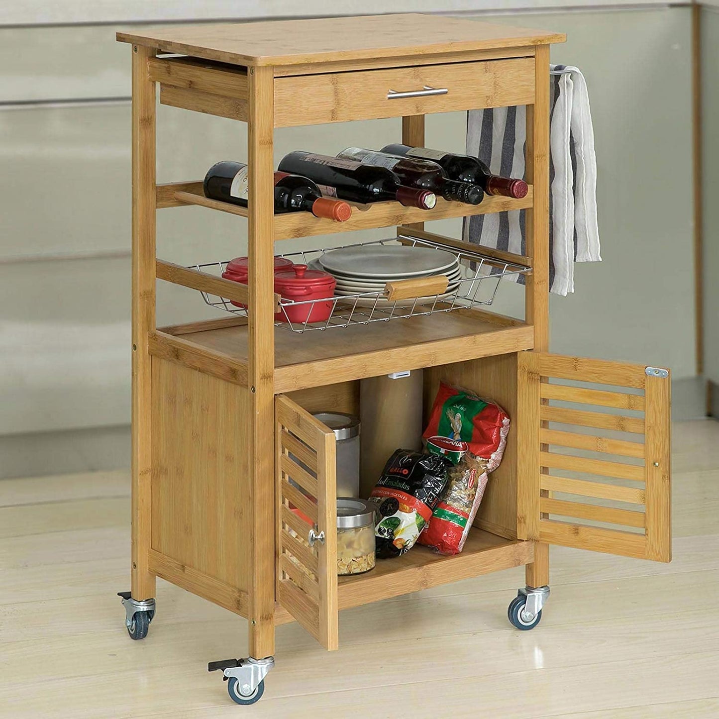 VIKUS Bamboo Kitchen Storage Trolley with Wine Rack