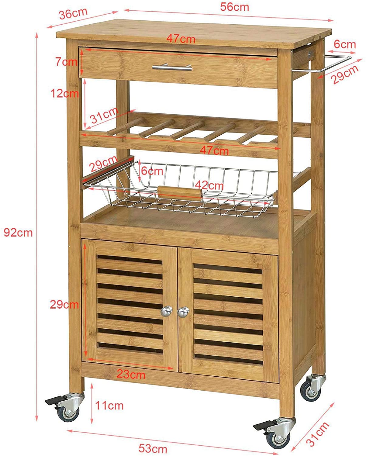 VIKUS Bamboo Kitchen Storage Trolley with Wine Rack