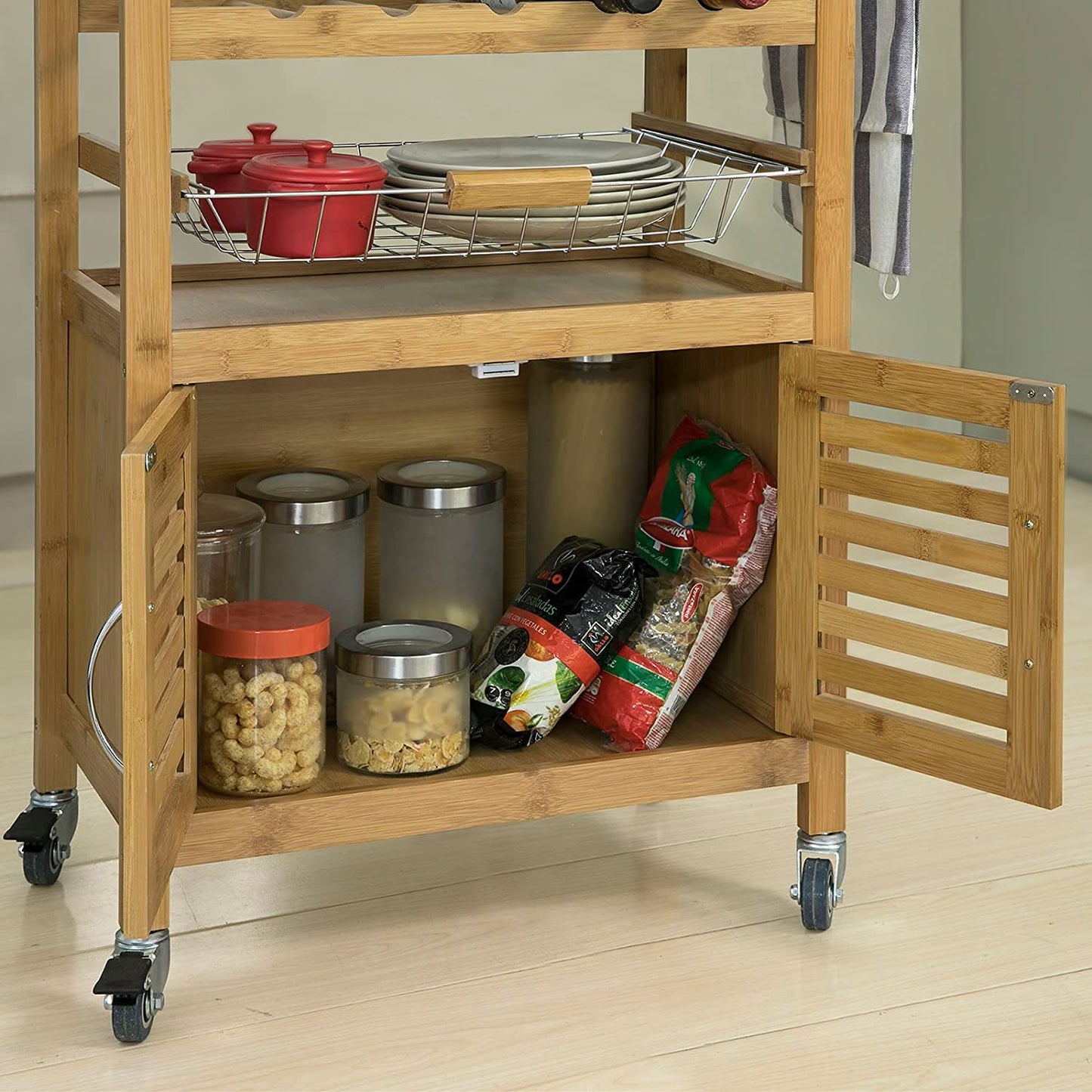 VIKUS Bamboo Kitchen Storage Trolley with Wine Rack
