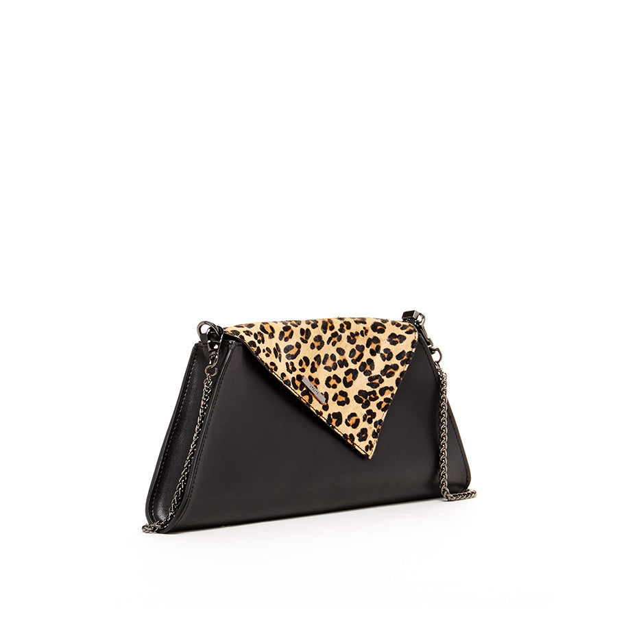 SUSU Black Leather Clutch Bag Leopard Unique Evening Purse Women's