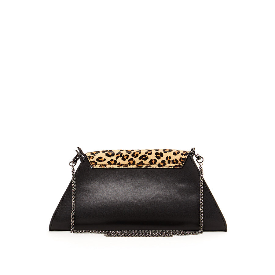 SUSU Black Leather Clutch Bag Leopard Unique Evening Purse Women's