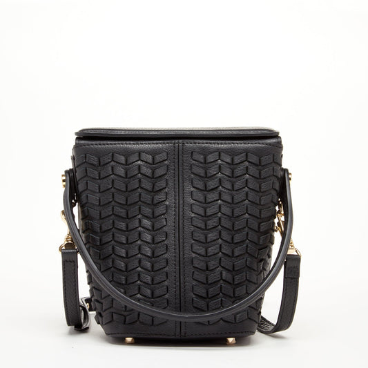 SUSU Woven Leather Bucket Bag Quilted Black Crossbody Purse Women's