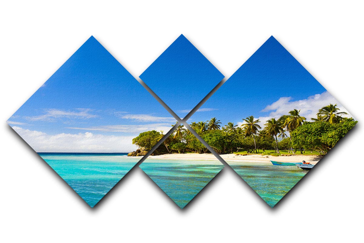 Art Caribbean beach with fishing boat 4 Square Multi Panel Canvas