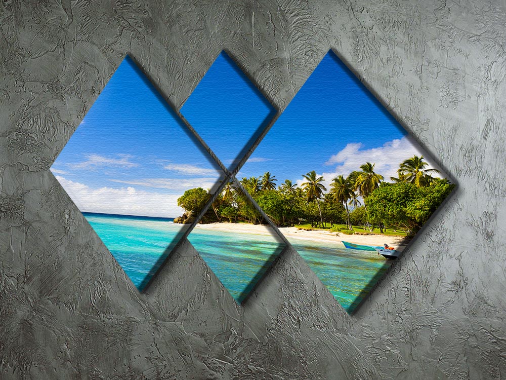 Art Caribbean beach with fishing boat 4 Square Multi Panel Canvas