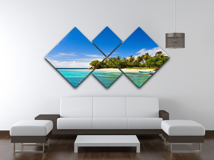 Art Caribbean beach with fishing boat 4 Square Multi Panel Canvas