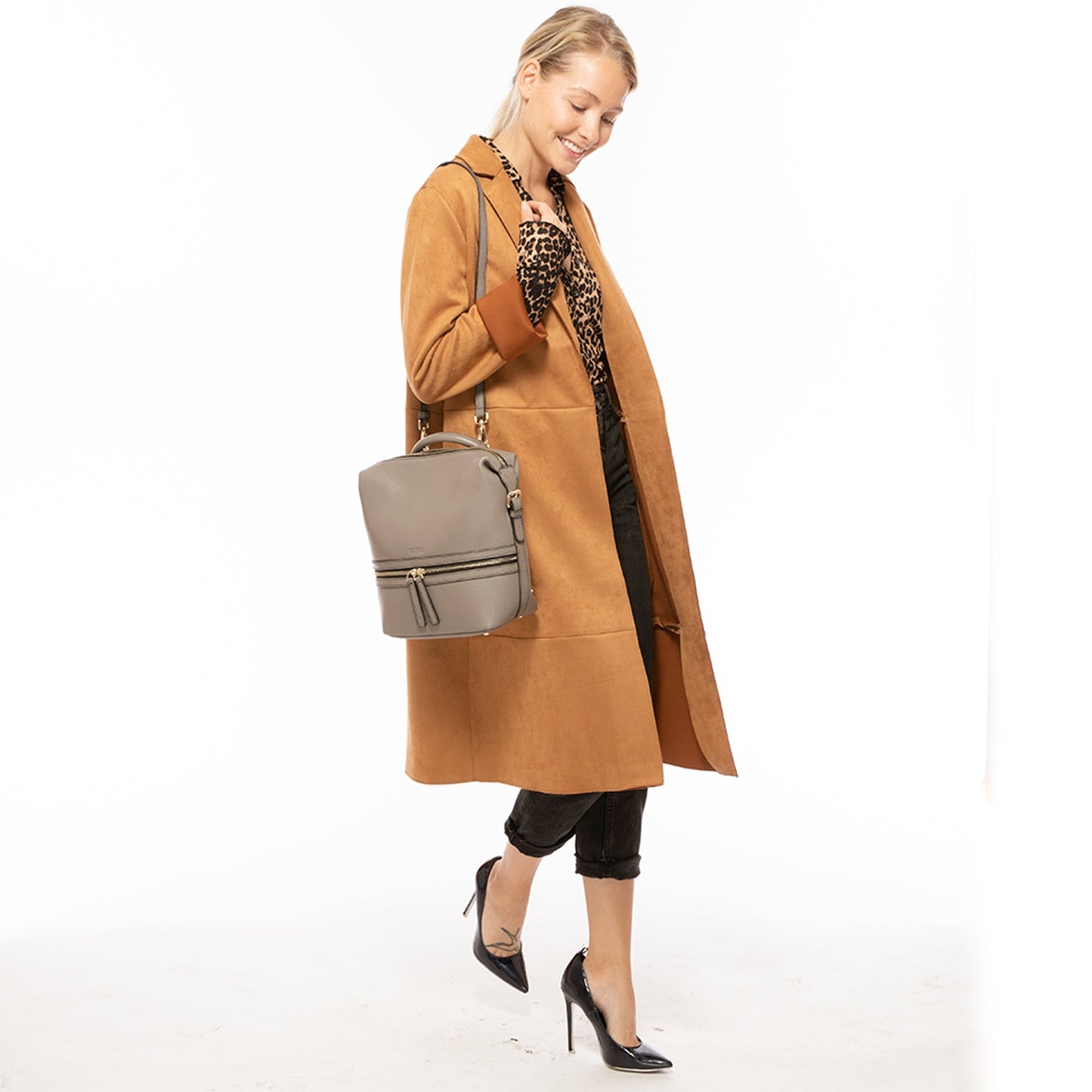 SUSU Grey Leather Backpack Purse Convertible Crossbody Bag