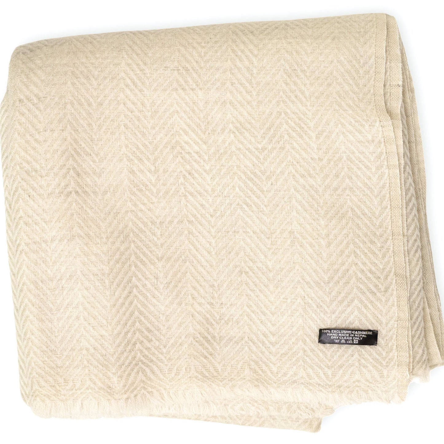 Kaschmirdecke weiss mit großem Fischgrätenmuster