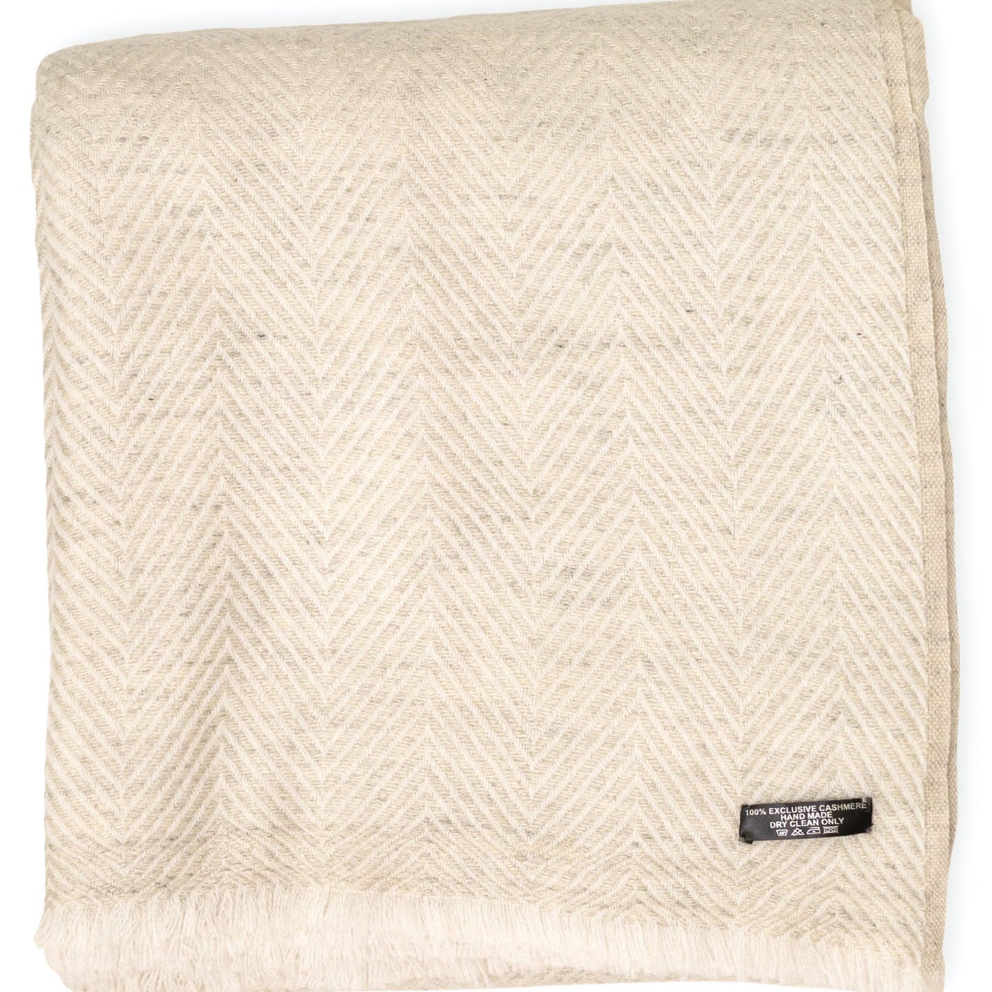 Kaschmirdecke weissgrau mit großem Fischgrätenmuster