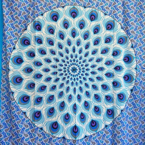 Blue Geometric Design Peacock Tapestry