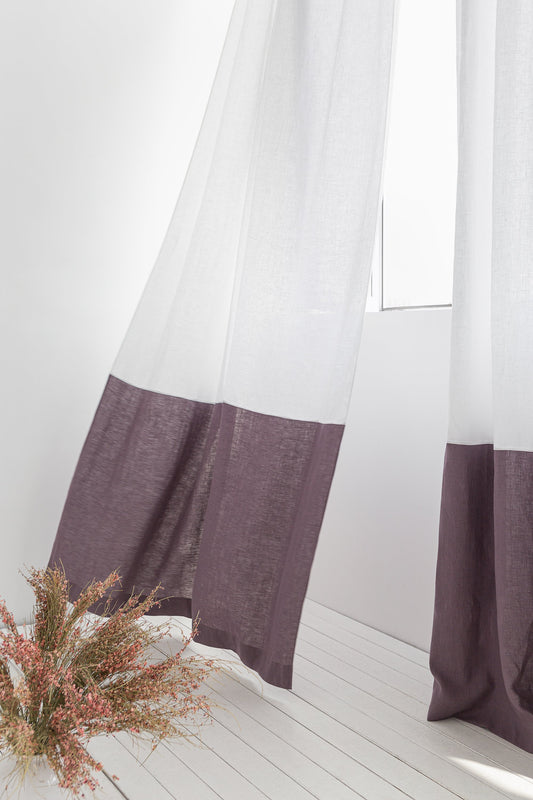 White and Pastel Plum linen curtains with tape, two tones