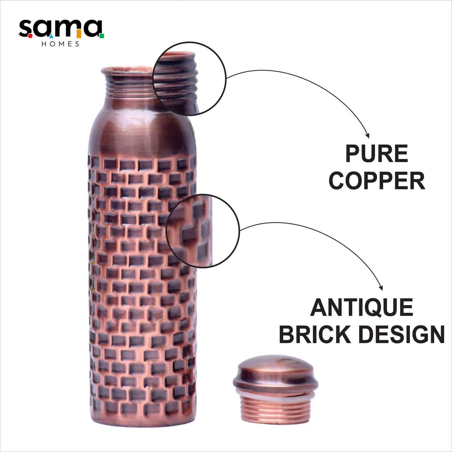 Pure Copper Water Bottle Antique Brick Design Capacity 1000ML