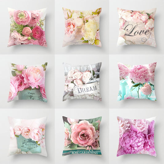 Colorful Flower Printed Cushion Cover Peach Skin