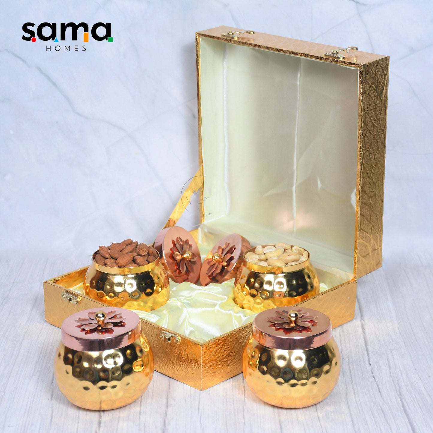 Exclusive Golden Hammered Dry-Fruit Pot with Gifting Box Set of 4