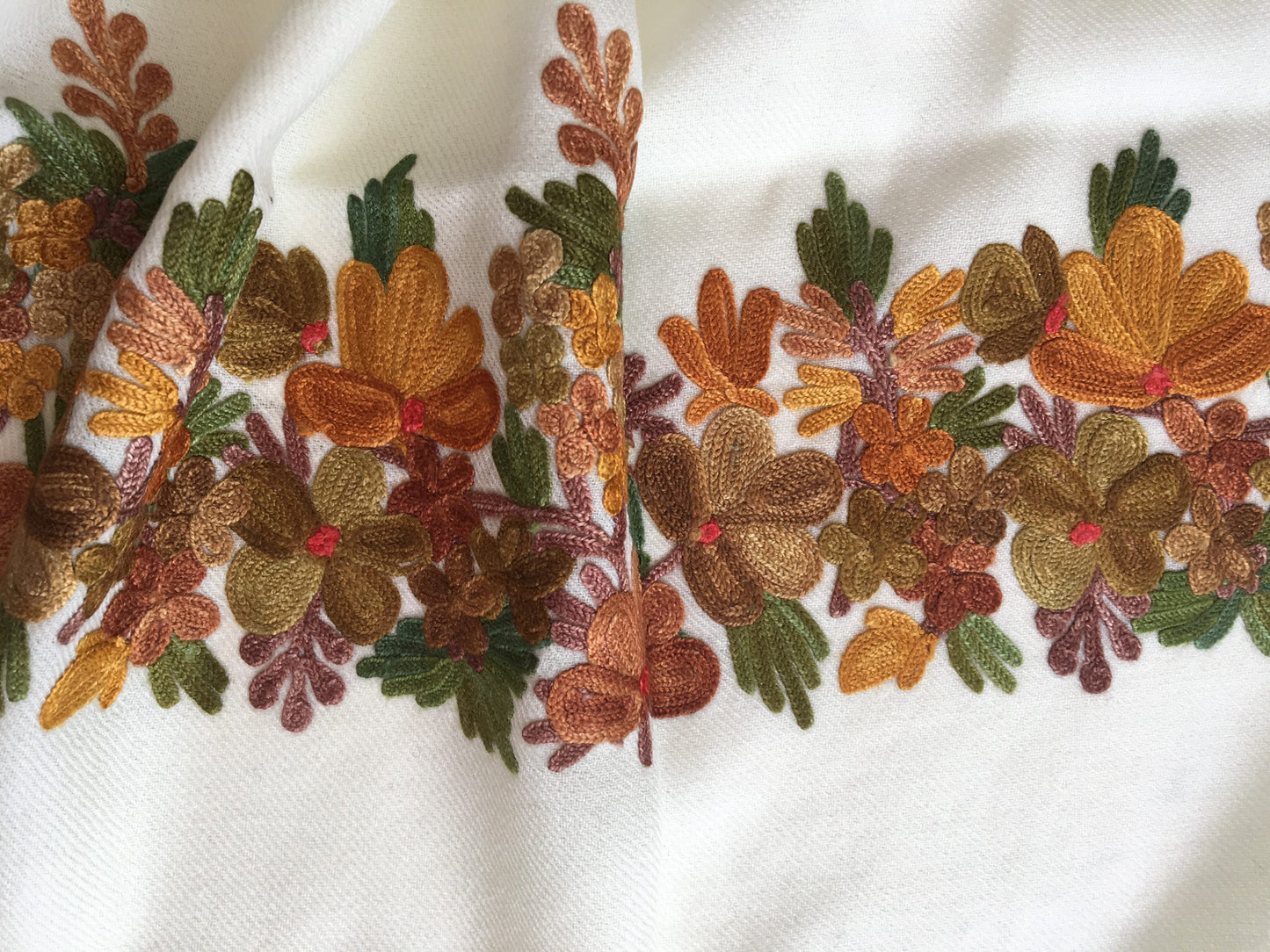 White and Rust Leaves Embroidered Wrap