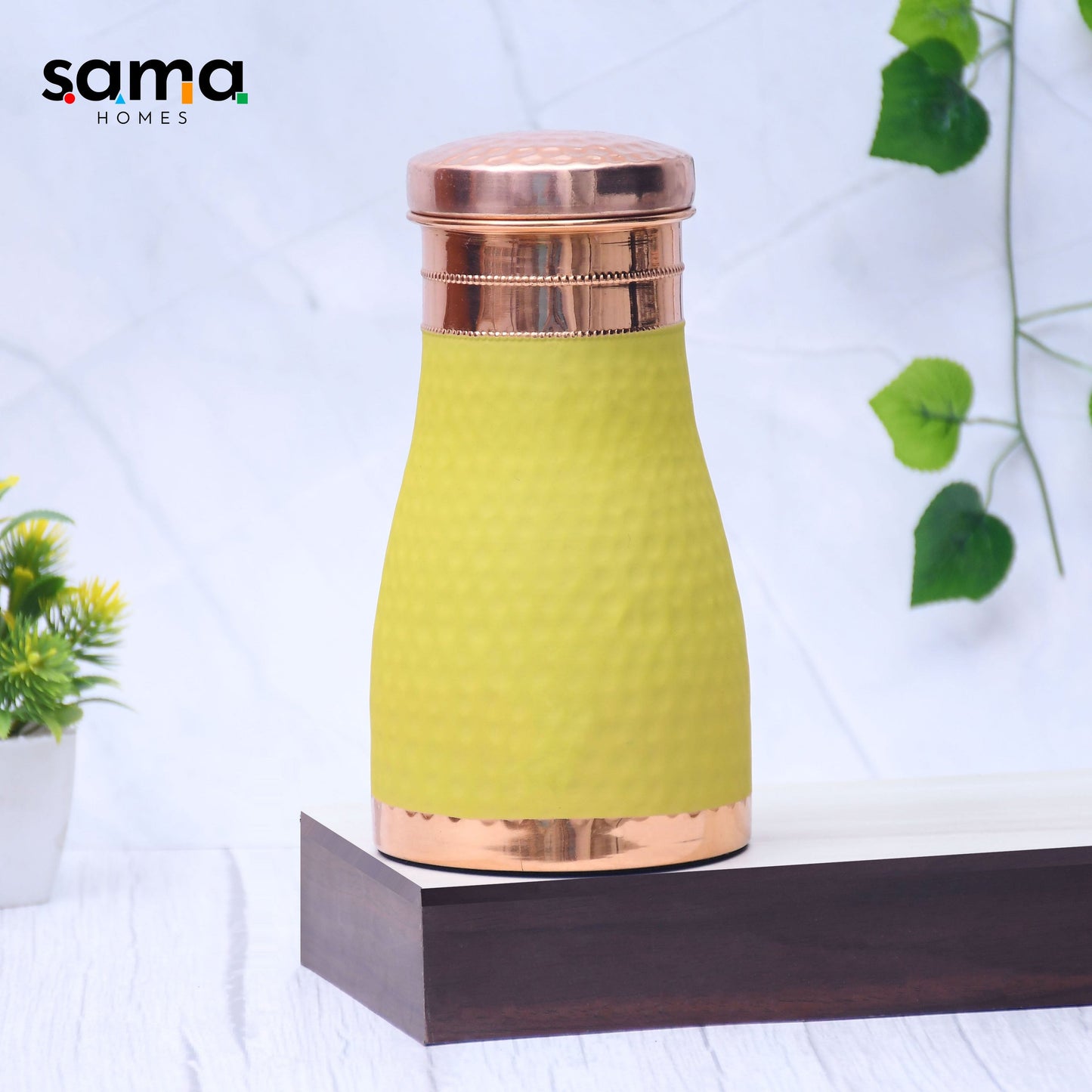 Pure Copper Silk Yellow Bedside Jar with Inbuilt Glass Capacity 1000ML