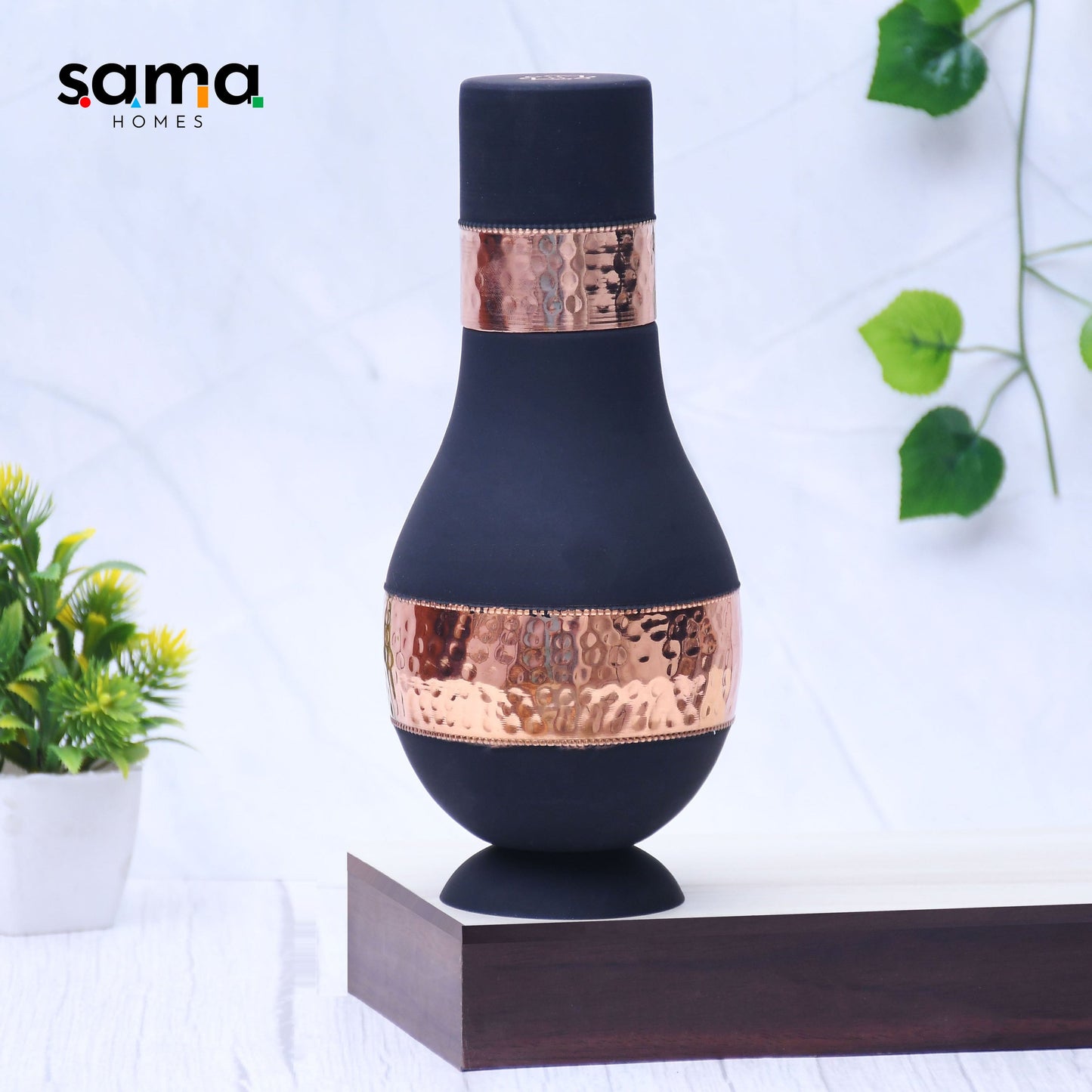 Pure Copper Silk Black Modern Surahi with Inbuilt Glass Capacity 1000
