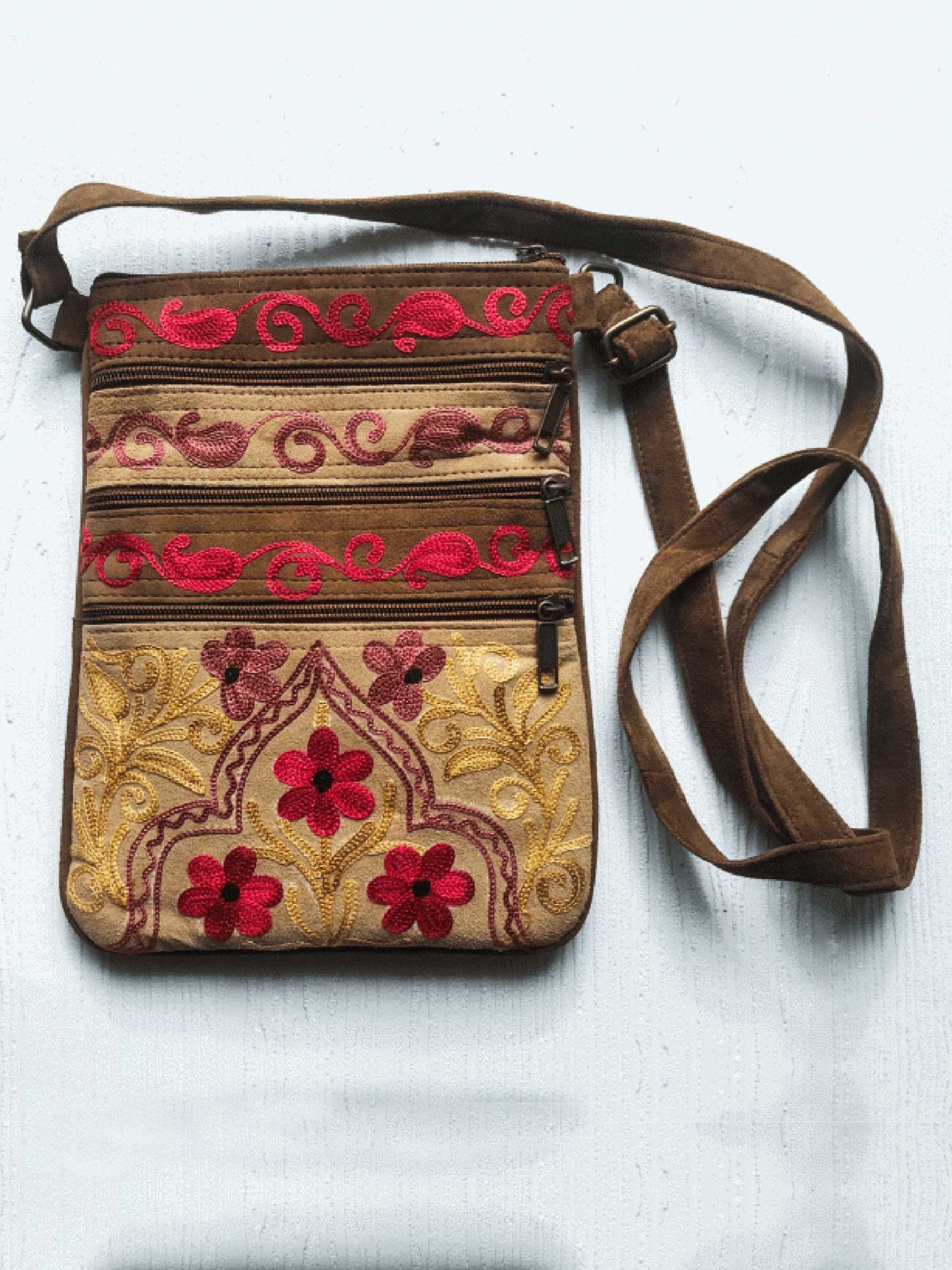 Beige And Red Suede Embroidered Crossbody Bag