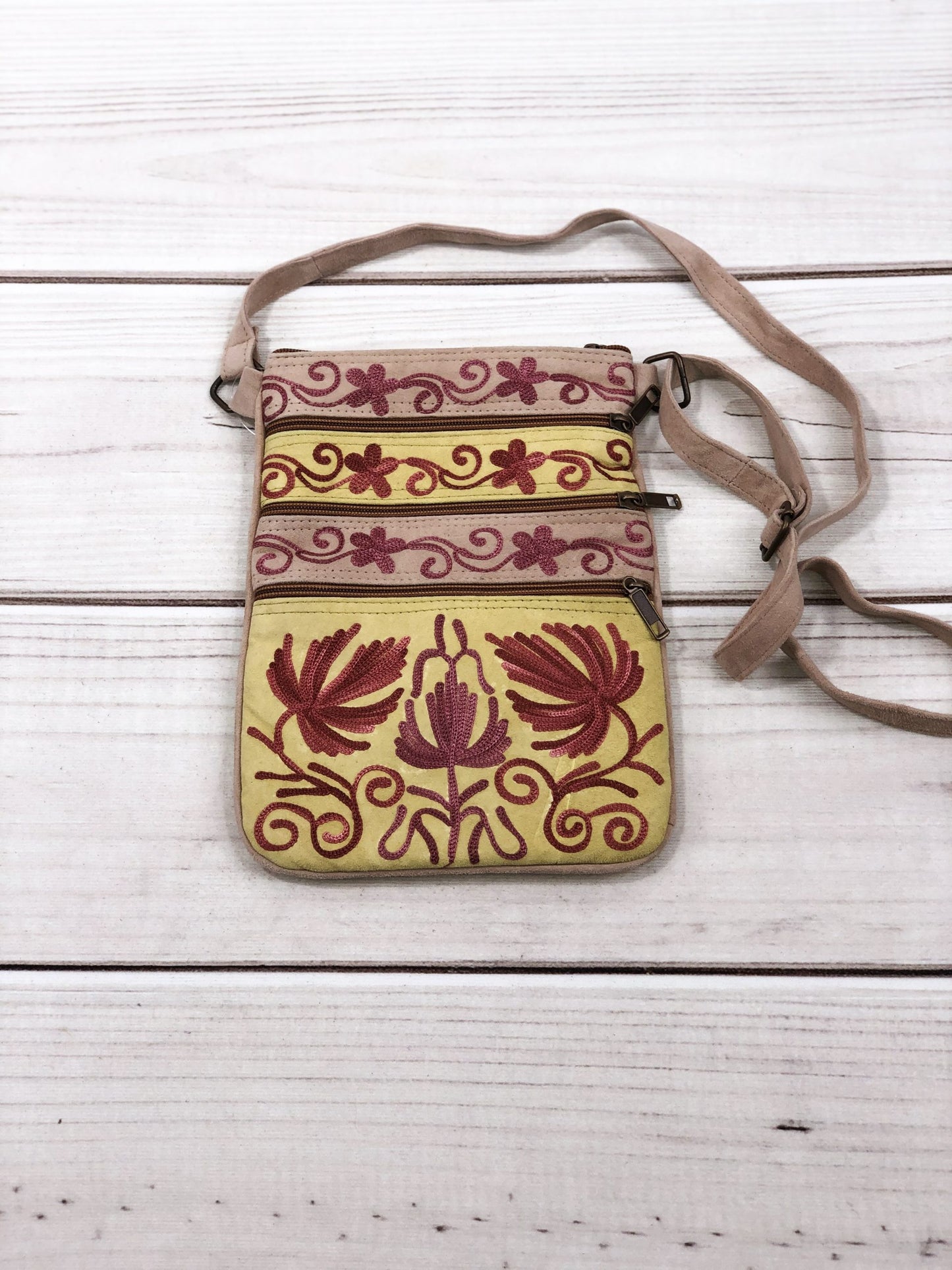 Suede Embroidered Five Zipper Cross-Body Bag