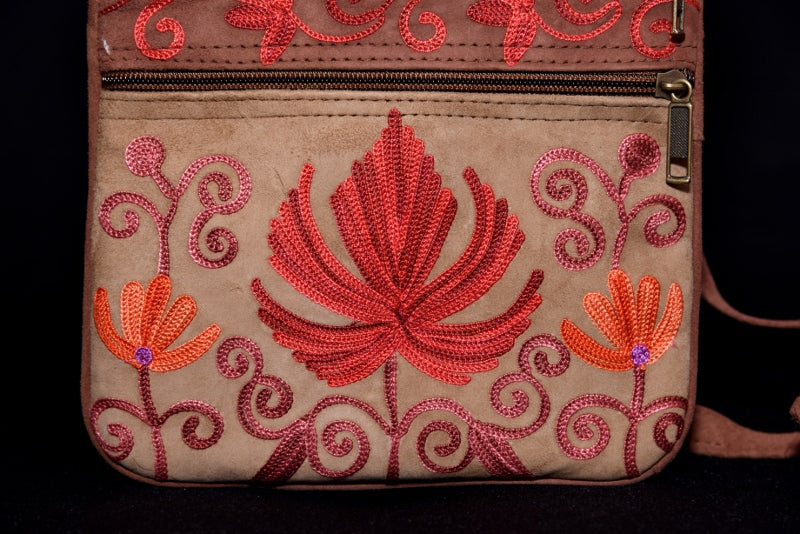 Suede Embroidered Five Zipper Cross-Body Bag