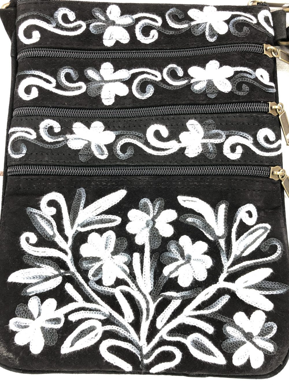 Suede Embroidered Gray and Black Five Zipper Crossbody Bag