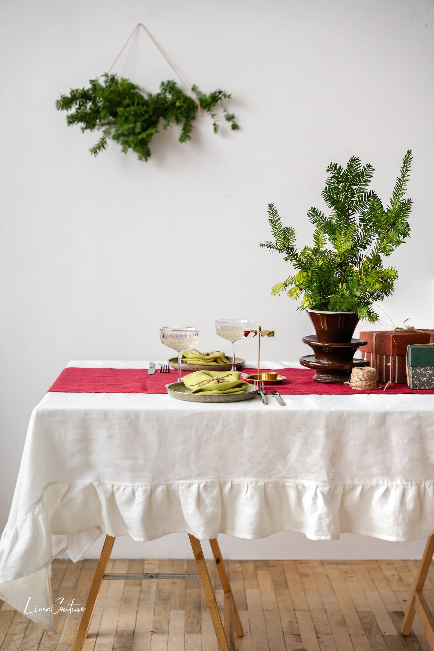 Handmade White Linen Christmas Tablecloth with Ruffles