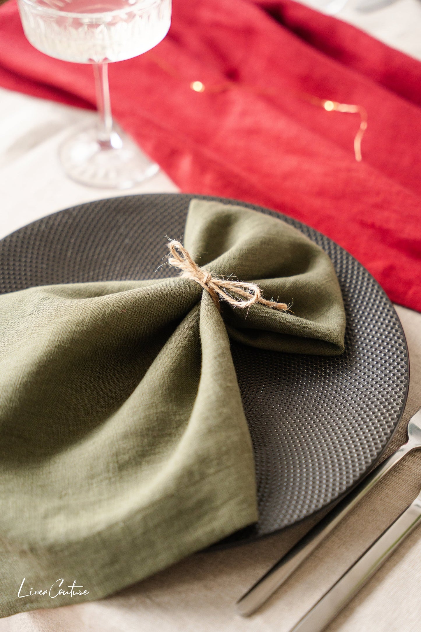 Christmas Moss Green Linen Dinner Napkins