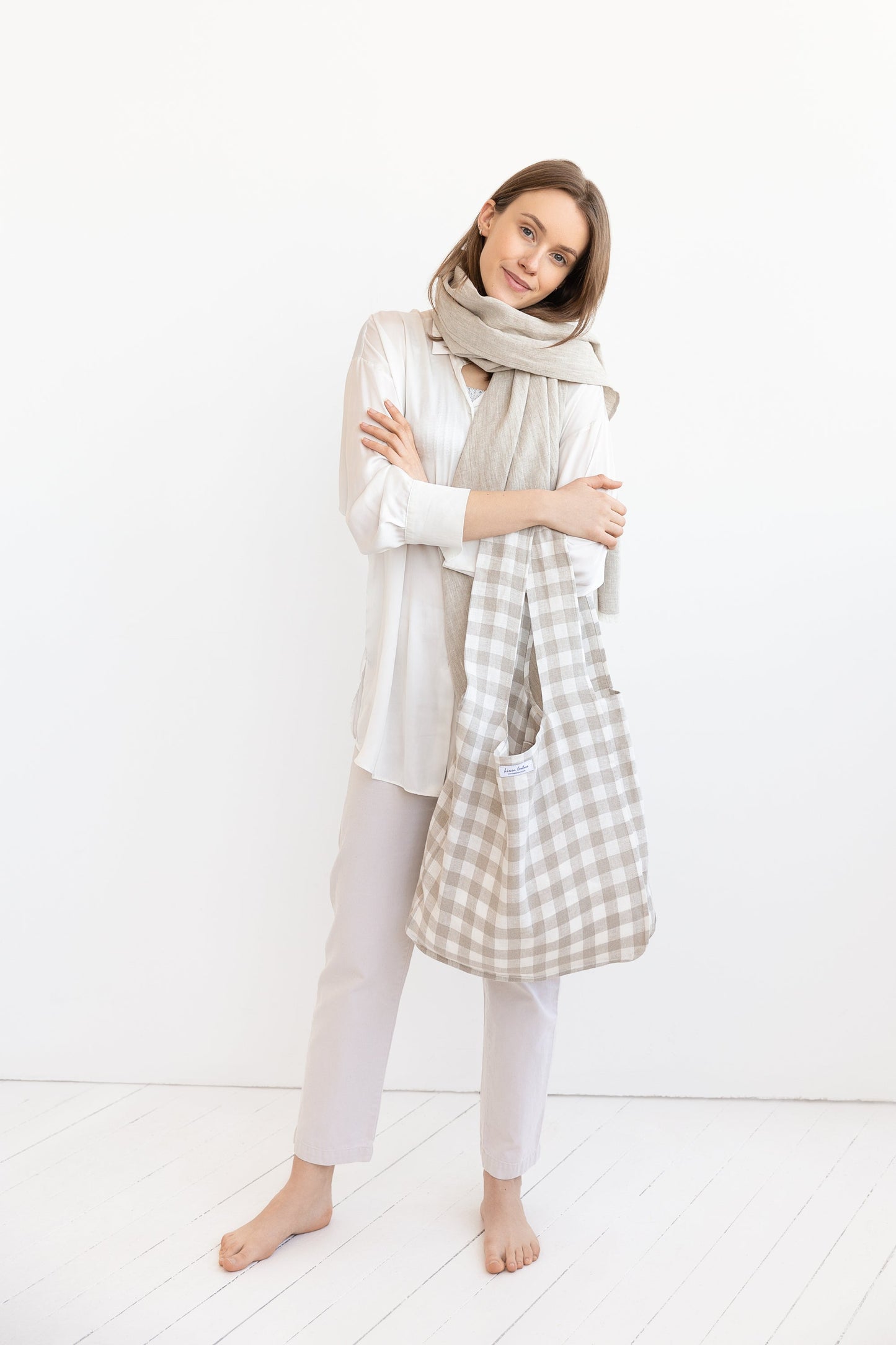 Natural and White Check linen scarf