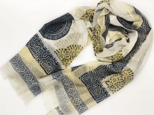 Yellow and Blue Hand Painted Wool And Silk Blend Scarf