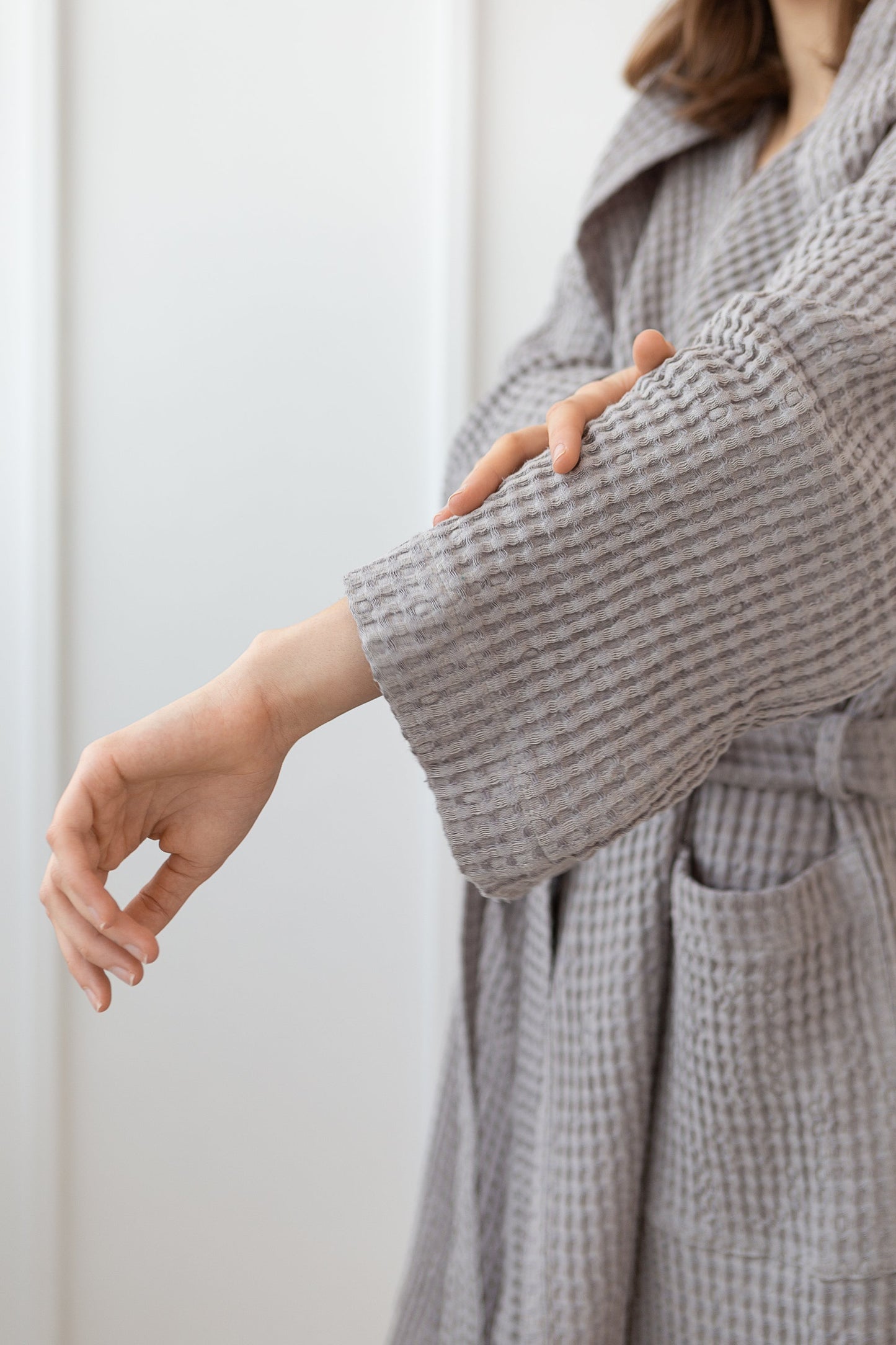 Light grey linen waffle robe with hoodie