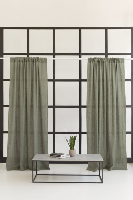 Safari Green linen curtain with rod pocket