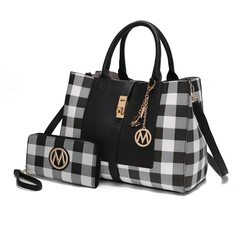 Yuliana Checkered Satchel Bag with Wallet Vegan Leather Women