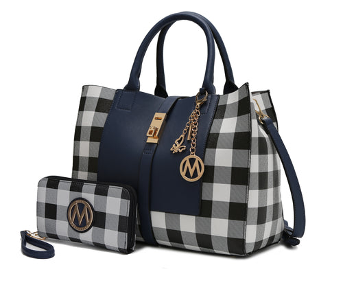 Yuliana Checkered Satchel Bag with Wallet Vegan Leather Women