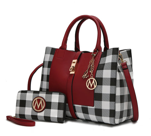 Yuliana Checkered Satchel Bag with Wallet Vegan Leather Women