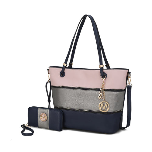 Vallie Color-Block Vegan Leather Women Tote Bag with Matching Wallet