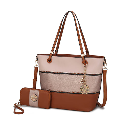 Vallie Color-Block Vegan Leather Women Tote Bag with Matching Wallet