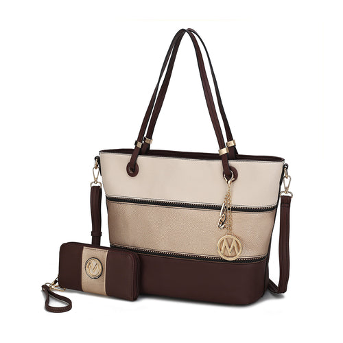 Vallie Color-Block Vegan Leather Women Tote Bag with Matching Wallet