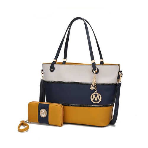 Vallie Color-Block Vegan Leather Women Tote Bag with Matching Wallet